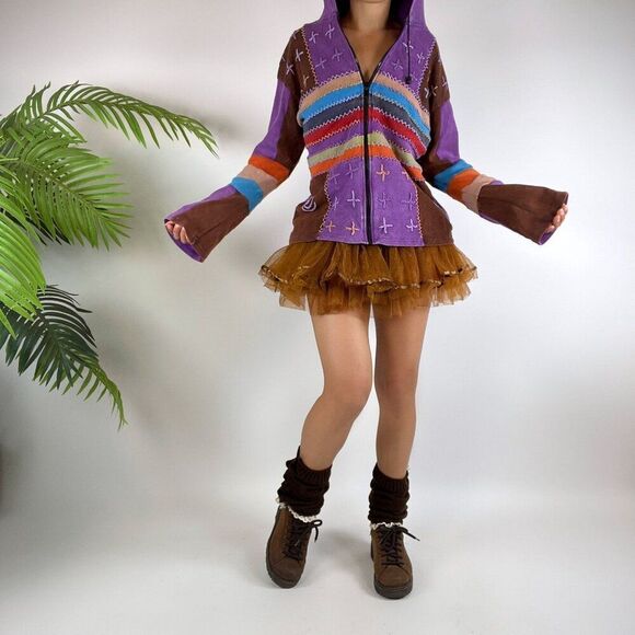 Vintage 90s Boho Fairy Grunge Striped Patchwork Hippie Hoodie Jacket / Size: M - Picture 1 of 3